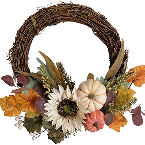 12" Fall Harvest Pumpkin and Sunflower Wreath - Grape Vine Autumn Wreath with Mixed Leaves, Perfect for Front Door, Indoor Outdoor Fall Door Decor, Pumpkin & Sunflower Accents - Ideal for Thanksgiving by idyllic