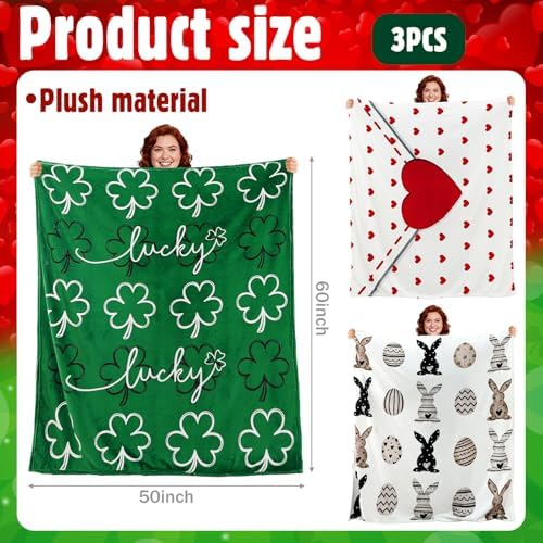 Tudomro 3 Pack St. Patrick's Day Easter Blanket 50"×60" Soft Warm Throw Blanket Green Shamrock Bunny Egg Red Heart Envelope Decor for Couch Sofa Bed, Spring Valentine's Day Gift for Adult and Lovers - Image 2