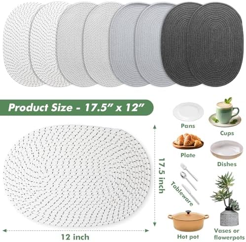 Oval Woven Placemats Set of 8 Heat Resistant Placemats 17.5 x 12 Inches Farmhouse Cotton Rope Place Mats for Dining Tables Trivets for Hot Dishes, Grey Set - Image 3