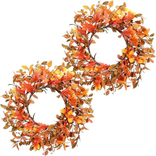 Hotop 2 Pcs 22'' Fall Wreaths for Front Door Autumn Wreaths with Berries Harvest Eucalyptus Leaves Orange Gold Leaves for Home Wall Farm Fall Thanksgiving Festival Decor by Hotop