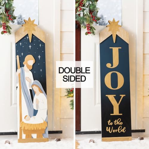 Glitzhome 42"H Christmas Double Sided Nativity Porch Sign,Wooden Porch Decor with Gold "JOY to the World", Xmas Welcome Sign for Front Door Indoor Outdoor Holiday Decorations - Image 2