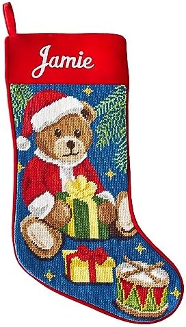 Let's Make Memories Personalized Needlepoint Christmas Stocking - Embroidered Family Stockings - Old-Fashioned Christmas Décor - Mantel Décor - 8"x17" - Customized Embroidered Name - Teddy Bear by LetsMakeMemories