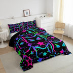 Erosebridal Cartoon Cat Bedding, Black Cat Comforter Set for Kids Girls Boys Teens, Ombre Glowing Neon Stars Down Comforter, Kawaii Kitten Duvet Insert, Gradient Galaxy Quilt, Queen - Image 4
