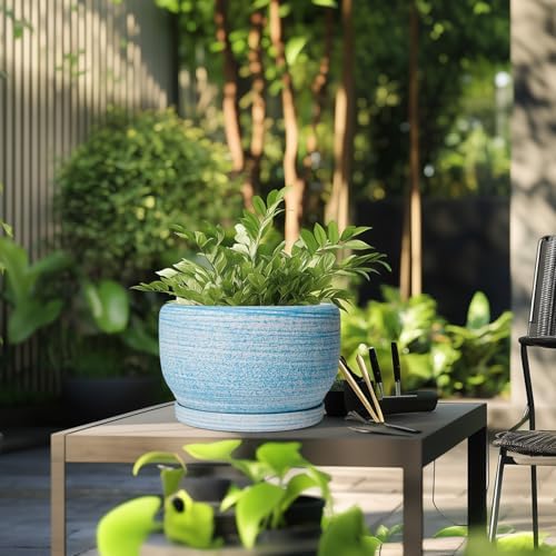 SQOWL Ceramic Plant Pots - 10 Inch Ceramic Flower Pots with Drainage Hole and Saucer, Round Large Planter for Indoor Outdoor, Decorative Modern Planter, Kitchen Decor, House Warming Gifts, Blue - Image 5