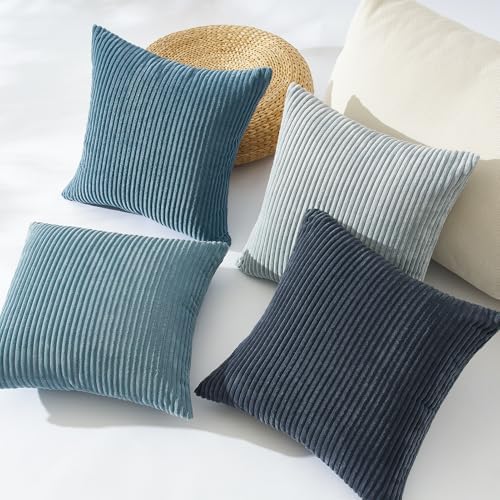 Topfinel Decorative Throw Pillow Covers Aque Teal Blue Gray Series,Summer Corduroy Striped Toss Pillows for Couch,Patio,Balcony,Children Bedroom,Modern Fluffy Blue Gradient Shams 20x20 Inch Set of 4 - Image 4