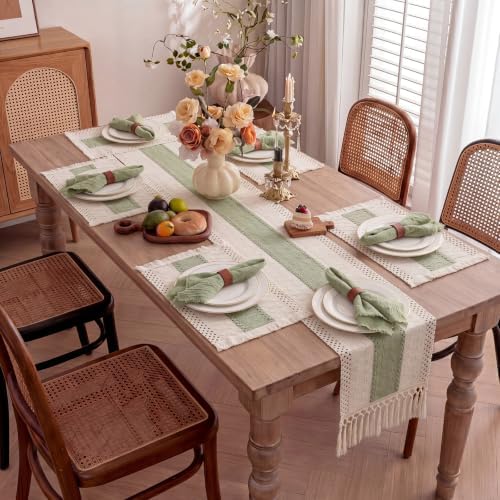 8 Set Boho Placemats with Table Runner, Scalloped Woven, Green - Image 3