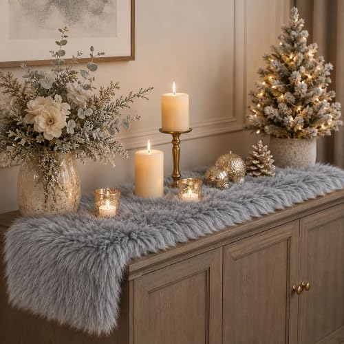 Faux Fur Table Runner Fluffy Plush Sherpa Table Runner for Christmas Winter Wedding Dining Table Holiday Decor Soft Snow Fur Runner (Grey, 11.8 x 70.8 Inch) - Image 4