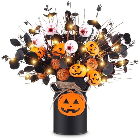 Halloween Table Deocr with 5 Pcs Artificial Pumpkin Eyeballs Eucalyptus Stems Black Iron Vase String Light and Wood Sign Halloween Centerpieces for Indoor Home Party Vase Arrangement Decorations by VAIPI