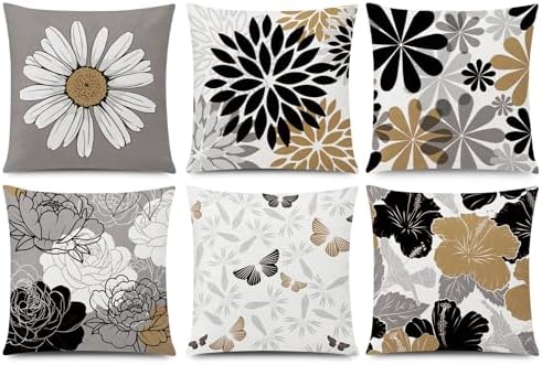 Brown Black Throw Pillow Covers 20x20 Set of 6, Neutral Floral Home Decor by Unknown
