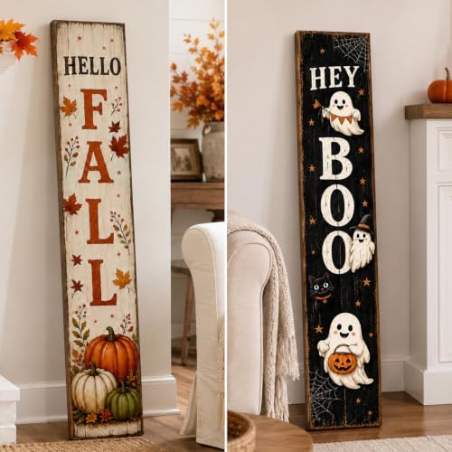 47 Inch Fall Porch Sign Reversible Halloween Door Sign Wooden Welcome Decor - Image 6