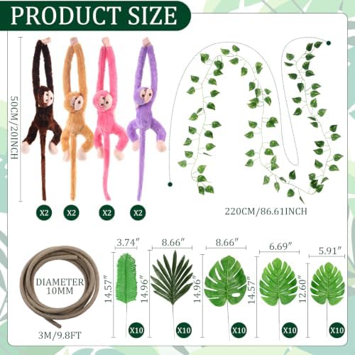 Chivao 69 Pcs Jungle Party Decoration Include 8 Hanging Plush Monkey Stuffed Animal, 10 ft Artificial Rattan, 50 Palm Leaves with 10 Fake Ivy Vine for Classroom Birthday Party Favor(4 Colors) - Image 4