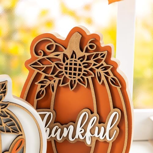 Glitzhome Thanksgiving Wooden Pumpkin Decor Set of 2 (6" & 8" H) - Blessed & Thankful Farmhouse Table Sign Decor, Fall Pumpkin Blocks for Holiday Home Decor Accents Centerpiece - Image 7