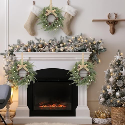 6 PCS Christmas Wreath Christmas Kitchen Cabinet Wreaths with Burlap Ribbon Mini Wreath Pine Garland Frosted Cedar Pine Cone Hanging Garlands Candle Rings for Front Door Window Chair Wall - Image 6