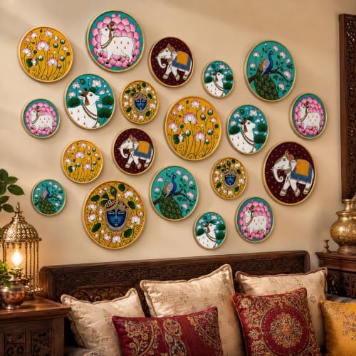 RattanView 18 Pcs Indian Round Wall Art, Diwali Wall Hanging Decor, Pichwai by RattanView