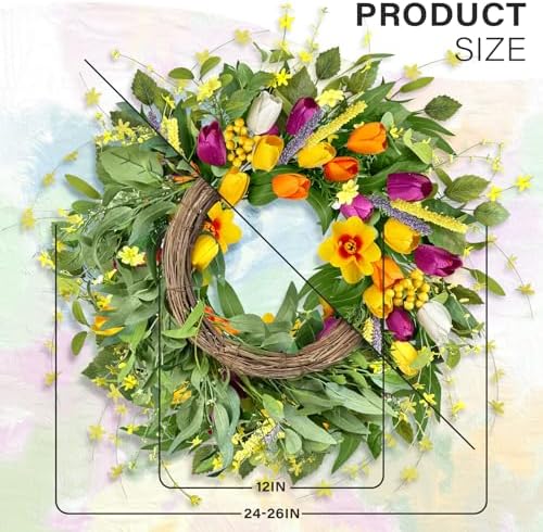 ICX 24" Spring Summer Wreaths for Front Door, Artificial Floral Wreath with Orchids Tulips Green Foliage for Indoor Outdoor wall Festival Home Farmhouse Wedding Decor - Image 2