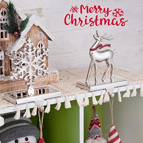 Christmas Stocking Holders, Set of 2 Snowflake & Reindeer Silver Stocking Holder, Weighted Personalized Christmas Stockings Hanger for Mantel, Stocking Hooks for Mantle Fireplace Christmas Decorations - Image 2