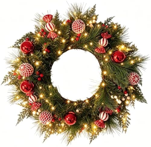 HipTree 24 Inch Lighted Christmas Wreath for Front Door,Red White by HipTree