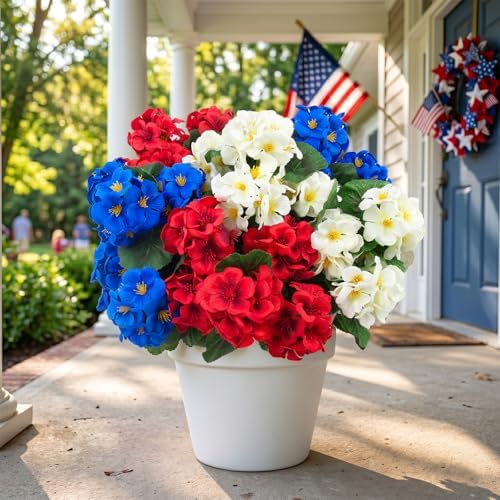 Hananona 12 Pcs Artificial Geranium Flowers for Outdoors Geranium Silk Red White Blue Flowers Outdoor UV Resistant Plants Faux Patriotic Flowers for 4th of July Home Decor (12, RedWhiteBlue) by HANANONA