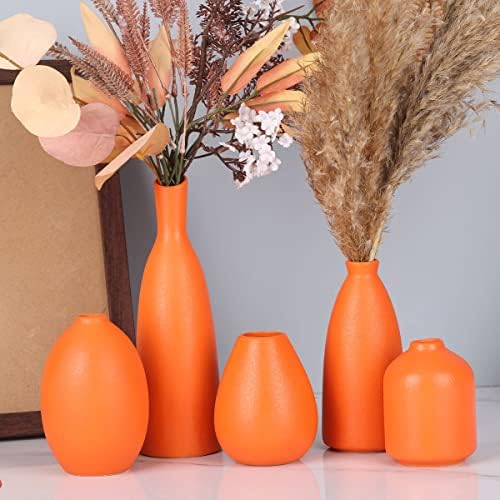 Orange Ceramic Small Vase Set of 5 - Modern Orange Decor Small Bud Vases for Floral Arrangements, Centerpieces for Weddings, Dinner Parties, Table Settings, Foyer, Bathroom Decorations - Image 6