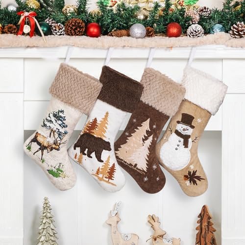 LUBOT 4 Pack Christmas Stockings 20" Set of 4 3D Towel Embroidery Sequin Mix Large Family Xmas Stocking Set Gifts Rustic Farmhouse Stocking Fireplace Hanging Holiday Decor by LUBOT