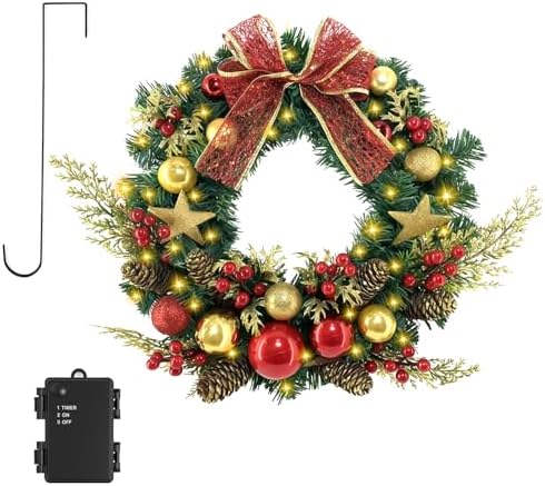 16 in Pre-Lit Christmas Door Wreath with Timer & Hanger & 50LED Warm Lights by TXRXIZ