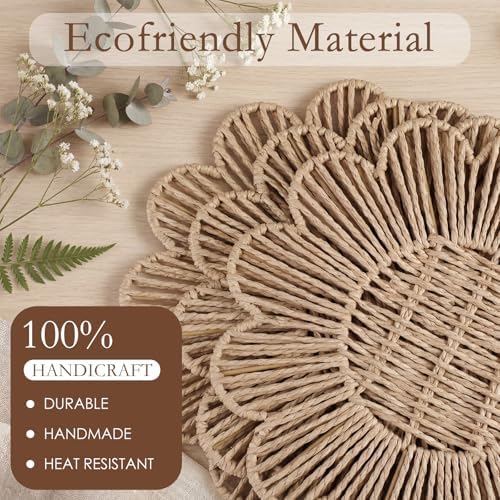 4 Pcs 12.6 Inch Paper Rope Round Woven Flower Placemats, Natural Hand Woven Boho Farmhouse Rattan Table Mats, Wicker Braided Placemats, for Dining Table Decor, Wedding Party, Home & Kitchen - Image 4