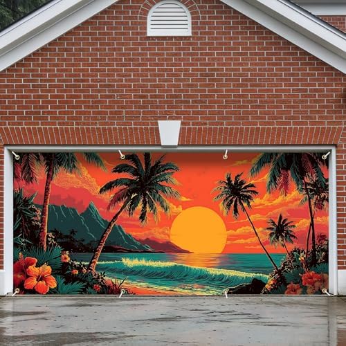 6x13 FT Tropical Sunset Garage Door Banner - Hawaiian Palm Tree Ocean Beach Backdrop, Large Indoor Outdoor Garage Door Cover,Summer Decoration for Home,Yard, Luau Party, Vacation Theme by FOREVERQUEEN