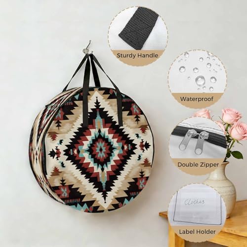 Abstract Ethnic Style Art Round Storage Bag 24 Inch, Retro Brown Green Weaving Pattern Clothes Storage Container with Handles Heavy Duty Organizer for Comforter, Bedding & Holiday Wreaths - Image 5