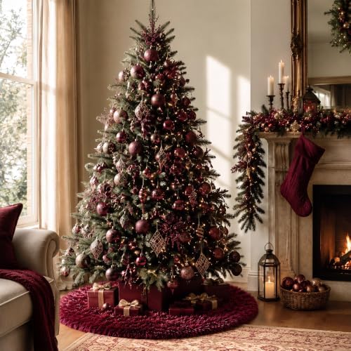Burgundy Red Faux Fur Christmas Tree Skirt 60 Inch Plush Tree Skirt - Image 5