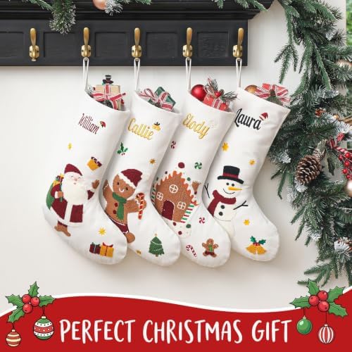 Personalized Christmas Stockings with Embroidered Name,White Canvas Stockings with Chenille Embroidered Santa Claus,Snowman or Gingerbread Man Pattern for Family & Holiday Decor(4 Pack) - Image 2