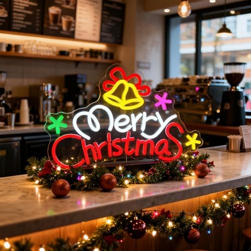 Merry Christmas Neon Sign Dimmable Christmas Bells Neon Light Sign Xmas LED Neon Light up Sign for Party, Home, Shop Door, Window, Bar, Holiday, Festival Wall Decor Gift USB Powered - Image 3