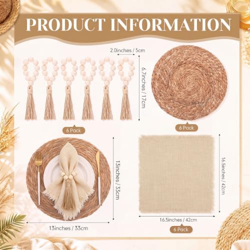 Fanfanwin Set of 6 Boho Woven Placemats with Khaki Napkins, 13 in - Image 2