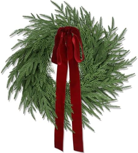 ENVEN Artificial Norfolk Pine & Cedar Christmas Wreath with Velvet Bow – Real Touch Faux Greenery Holiday Front Door Decoration for Indoor Outdoor Use by ENVEN