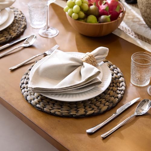 6 Pack, Round Woven Placemats, Natural Water Hyacinth Wicker Place mats, Braided Straw Table Mats for Dining Table, Fall, Halloween, Thanksgiving, Christmas, Black (13.8 inch) - Image 3