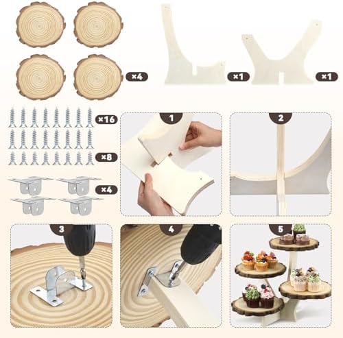 Chunful 4 Tier Round Natural Wood Cupcake Dessert Stand, Cup Cake Tower Stand Holder, Wooden Cake Display Tiered Centerpiece for Party, Birthday, Wedding, Baby Shower, Holiday Decoration - Image 4