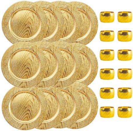13 Inch Round Elegant Serve ware Charger Plates with Matching Napkin Rings, Wedding, Dinner party, Event - Choose from our Variety of Styles and Quantities (12, Moslem Gold) by Venoly