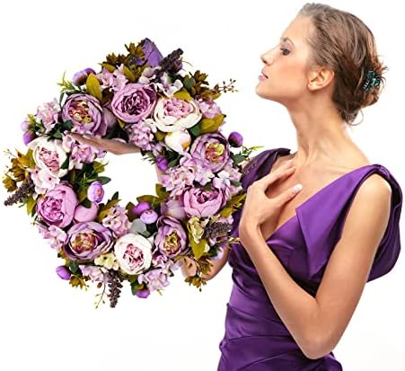 BOMAROLAN Artificial Peony Flower Wreath 19Inch Vintage Blooming Silk Peonies Spring Summer Fall Winter Large Wreaths Flower Green Leaves for Outdoor Front Door Indoor Wedding Wall Or Window Décor - Image 3