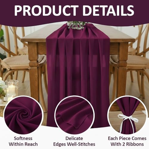 MDS Pack of 5 | Eggplant | 10ft Chiffon Table Runner 29x120 Inches Long Romantic Rustic Sheer Gauze Runner for Wedding Bridal Shower Birthday Banquets Engagement Spring Easter Boho Decorations - Image 5