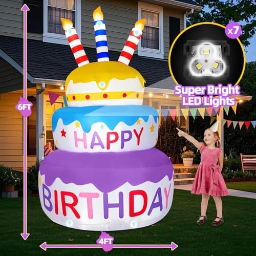 B&D 6FT Happy Birthday Cake Inflatable with 180° Rotation, 3-Color Yellow Blue Purple Tiered Cake with Sparkling LED Lights, Blow Up Outdoor Indoor Decoration for Lawn Yard & Party - Image 2