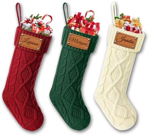 Personalized Christmas Stockings, Custom Engraving Christmas Stockings 3 Pack with Names, 18” Large Knitted Xmas Stocking for Family Kids, Fireplace Hanging Holiday Christmas Party Decoration by Bianspz