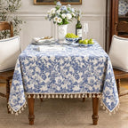 Cotton Vintage Floral Tablecloth Tassel Trim Navy 60x120 - Image 2