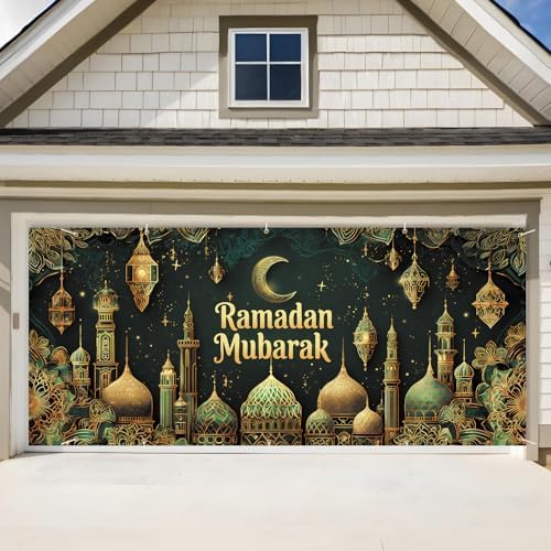 Ramadan Mubarak Garage Door Banner 7x16FT, Islamic Crescent Moon & Lanterns Design, Outdoor Decoration for Ramadan and Eid Celebrations by ANNAQUEEN