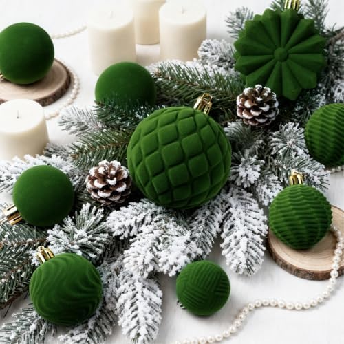 48 Pcs Velvet Christmas Ball Ornaments,Flocked Christmas Tree Decorations,Xmas Tree Decor,Hanging Balls Ornaments with Loop,Decoration for Xmas,Holiday,Wedding,Home Decor,Multi-Shape (Green) - Image 4