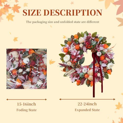 24 Inch Fall Wreaths for Front Door, Autumn Harvest Thanksgiving Wreath - Image 3