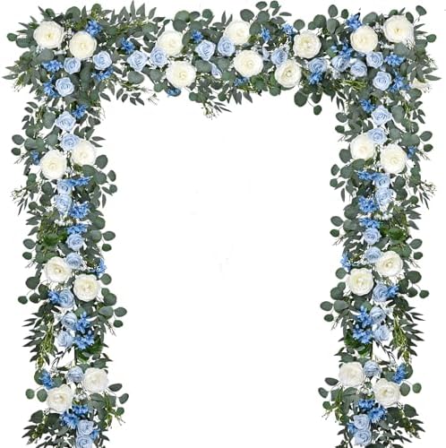 2 Pack Artificial Peony Flower Garland - 6ft Silk Peony Eucalyptus Garland Flower Vine Blue and White Peony Silk Roses Flowers for Wedding Arch Party Table Decor (Blue) by Fomlily