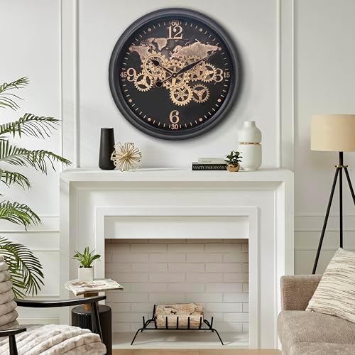 CLXEAST 24 Inch Wall Clock with Real Moving Gears,World Map Pattern - Image 3