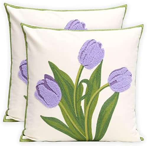 Pack of 2 Embroidered Decorative Throw Pillow Cover 18x18 Inch Farmhouse Floral Pillowcase for Living Room Sofa Bed (Purple Tulip) by Pilmandu