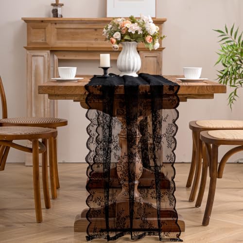 Black Lace Table Runner with Floral Embroidered (3pcs, 28”x118”) by Winotic