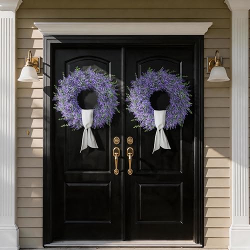26" Artificial Lavender Eucalyptus Wreath with Sash for Front Door(Purple) - Image 4