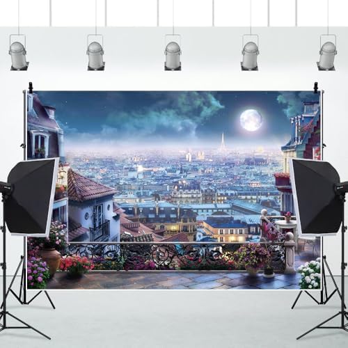 Leowefowa Downtown Cityscape Background 12x6ft City Balcony Backdrops for Photoshoot Cityscape Photography Backdrop City Moonlight Photo Props Downtown Balcony Backdrops for Parties Vinyl - Image 4